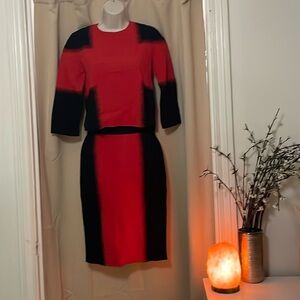 ALEXANDER McQUEEN Resort 2015 Black Red Embossed Stretch Knit Top and skirt